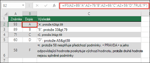 Funkce IFS – příklad Hodnocení. Vzorec v buňce B2 je  =IFS(A2>89;A;A2>79;B;A2>69;C;A2>59;D;PRAVDA;F)