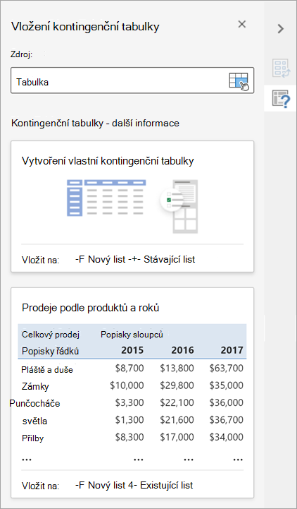 Podokno Vložit kontingenční tabulku umožňuje nastavit zdroj, cíl a další aspekty kontingenční tabulky.