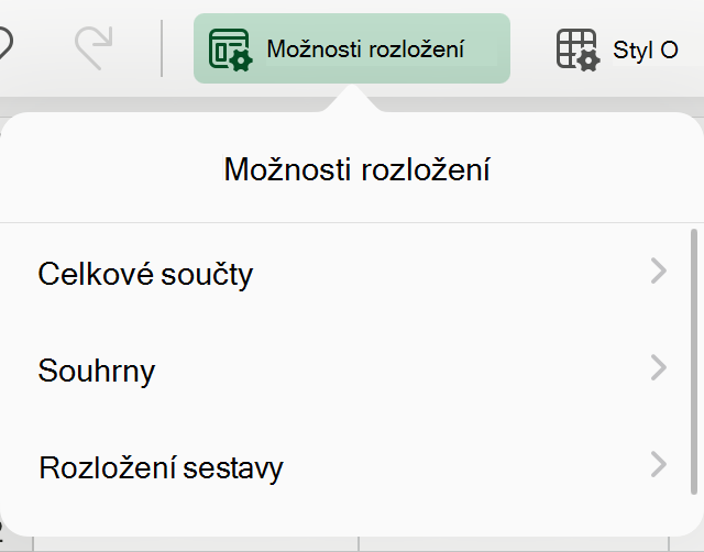 Rozevírací seznam rozložení kontingenční tabulky na iPadu