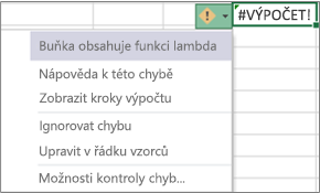 Chybová zpráva a rozevírací seznam pro chybu Lambda