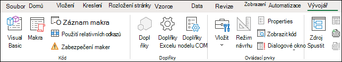 Snímek obrazovky, který ukazuje skupinu Kód na kartě Vývojář