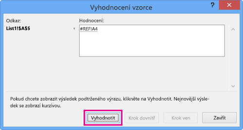 Dialogové okno Vyhodnocení vzorce