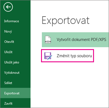 Karta Exportovat – příkaz Změnit typ souboru