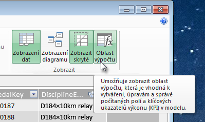 Oblast výpočtu v okně Power Pivot