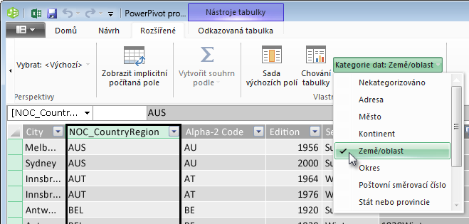 Kategorie dat v Power Pivotu