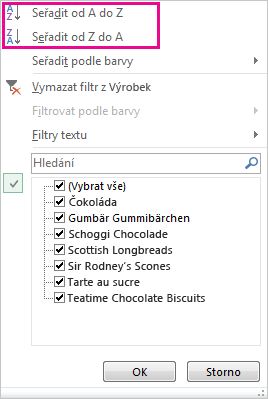 Příkazy pro řazení v galerii Seřadit a filtrovat