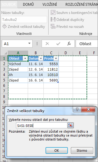 Změna velikosti tabulky