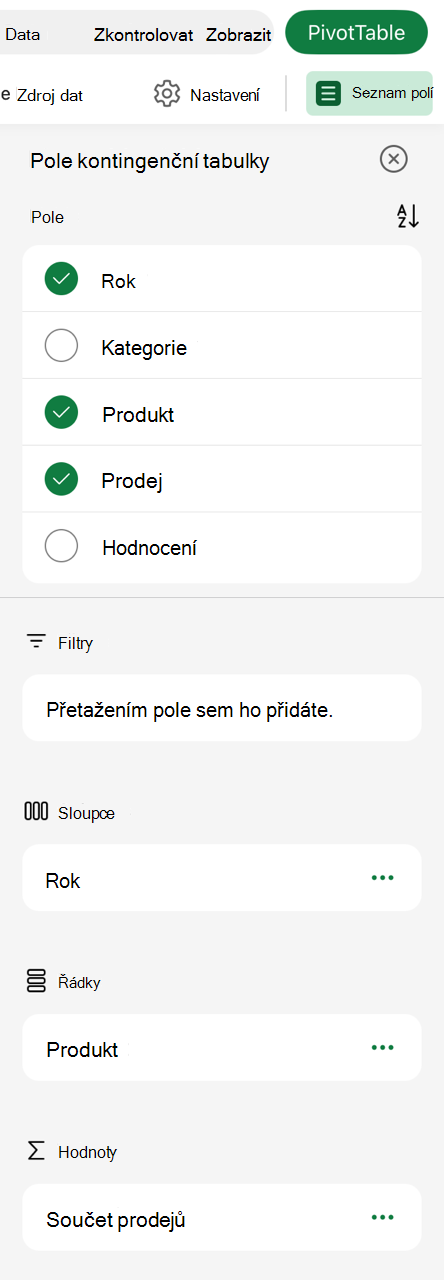 Kontingenční tabulka na iPadu Seznam polí