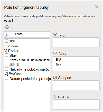 Pole kontingenční tabulky v aplikaci Excel pro web