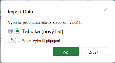 Možnosti Importovat data, které se zobrazí, když zvolíte možnost Zavřít & Načíst do.