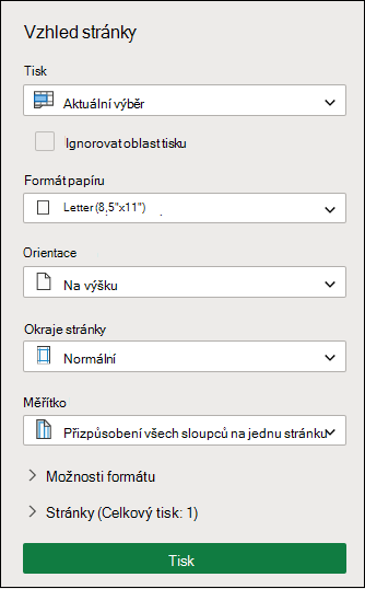 Tisk aktuálního výběru v aplikaci Excel pro web