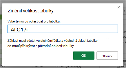 Dialogové okno Změna velikosti tabulky