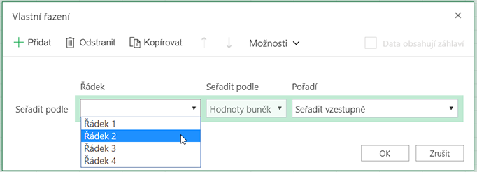 Když vyberete možnost Seřadit zleva doprava, otevře se v dialogovém okně Vlastní řazení rozevírací nabídka řádku