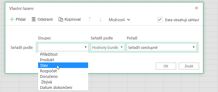 Vyberte sloupec v dialogovém okně vlastního řazení