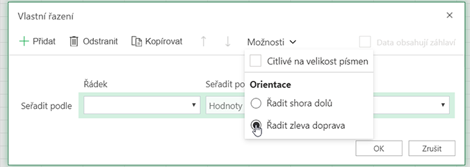 Otevřete nabídku Možnosti ve vlastním řazení a vyberte Seřadit zleva doprava