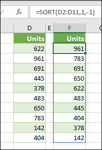 Seřaďte hodnoty v buňkách D2:D11 pomocí =SORT(D2:D11;1;-1).