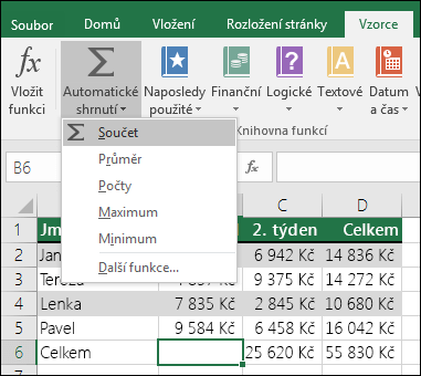 Vzorec součtu můžete vytvořit automaticky pomocí průvodce Automatické shrnutí. Vyberte oblast nad/pod nebo vlevo/vpravo od oblasti, která se má sečíst, přejděte na kartu Vzorec na pásu karet a pak vyberte Automatické shrnutí & SUMA.