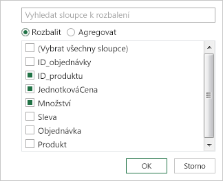 Výběr názvů sloupců