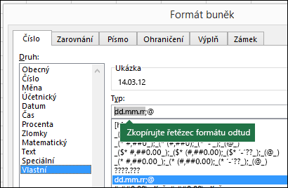 Příklad použití dialogového okna Formát > buněk > – Číslo Vlastní > tak, aby za vás Excel vytvořil formátovací řetězce.
