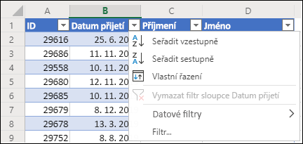 Použití filtru tabulky Excelu k vzestupnému nebo sestupnému řazení