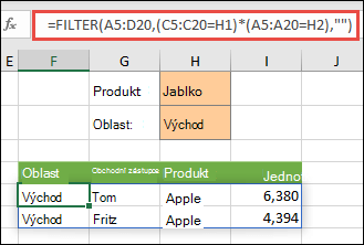 Použití funkce FILTER s operátorem násobení (*) za účelem vrácení všech hodnot v naší oblasti matice (A5:D20), které obsahují jablka A jsou v oblasti Východ