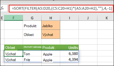 Použití funkce FILTER s funkcí SORT za účelem vrácení všech hodnot v naší oblasti matice (A5:D20), které obsahují jablka A jsou v oblasti Východ a následné seřazení jednotek v sestupném pořadí