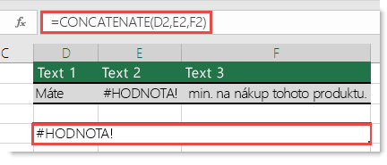 Chyba #HODNOTA! u funkce CONCATENATE