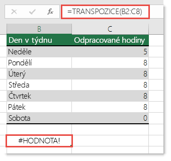 Chyba #HODNOTA! u funkce TRANSPOZICE