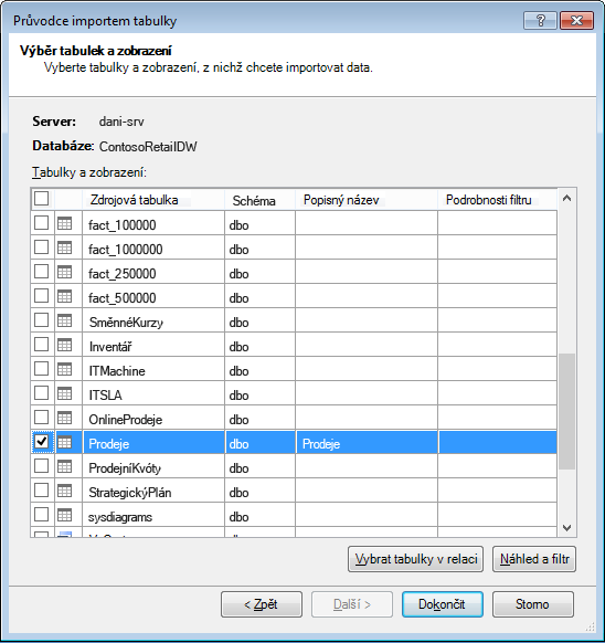 Průvodce importem tabulky v doplňku PowerPivot