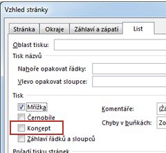 Karta list v dialogovém okně Vzhled stránky