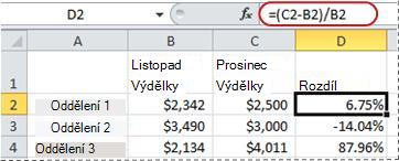Příklad vzorce pro výpočet procent