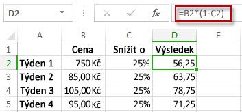 Výsledek odečtení procent je ve sloupci D