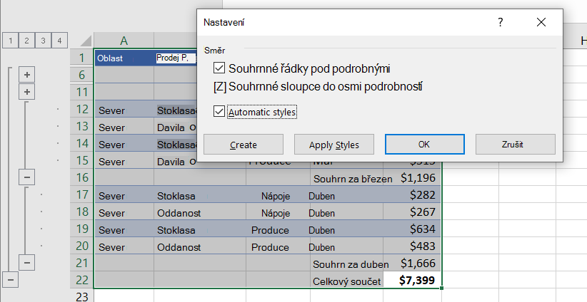 Dialogové okno Nastavení s vybranou možností Automatické styly