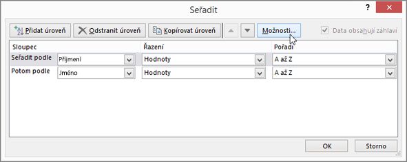 Kliknutím na Seřadit otevřete dialogové okno Seřadit.