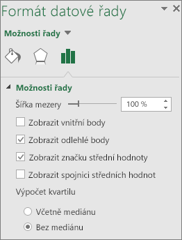 Podokno úloh Formát datové řady zobrazující možnosti krabicového grafu v Office 2016 pro Windows