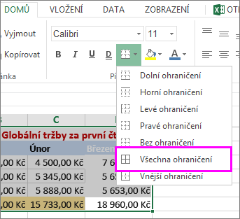 Přidání ohraničení do tabulky nebo datové oblasti