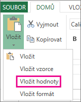 Příkaz Vložit s možností Vložit hodnoty v Excel Web Appu