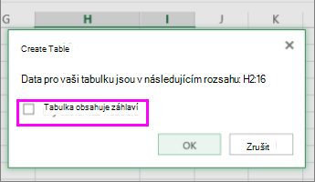 Dialog pro převod oblasti dat na tabulku