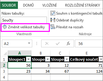Použití možnosti Změnit velikost tabulky v Nástrojích tabulky
