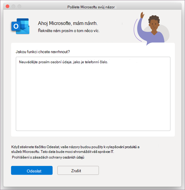 Dialogové okno zpětné vazby pro Outlook v MacOS
