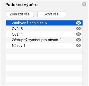 spojnicí. Zobrazuje podokno výběru v aplikaci PowerPoint 2016 pro Mac
