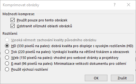 Dialogové okno Komprimovat obrázky