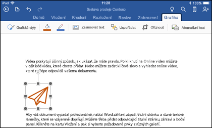 Word pro iOS zobrazující kartu úprav grafiky