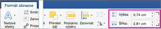 Na kartě Formát obrazce jsou zvýrazněná pole Výška a Šířka.