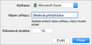 Příklad vlastních klávesových zkratek Office 2016 for Mac