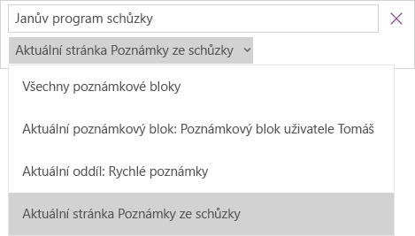 Rozevírací seznam pro vyhledávání s možnostmi oboru, aktivní je možnost Aktuální stránka.
