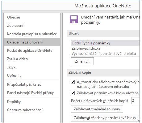 Screenshot of the OneNote Options dialog box in OneNote 2016.
