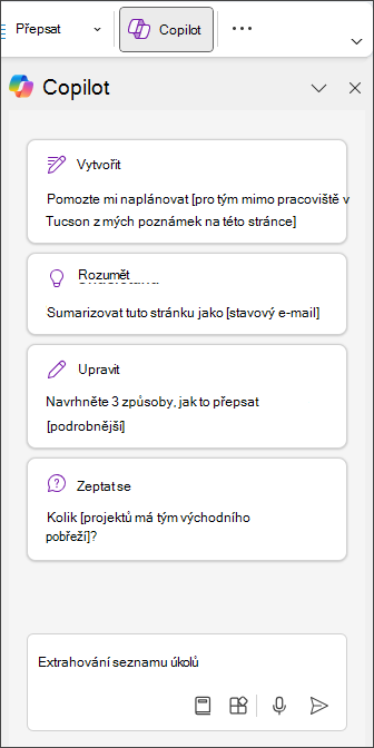 Zadejte seznam úkolů pro extrahování v podokně Copilot ve OneNotu