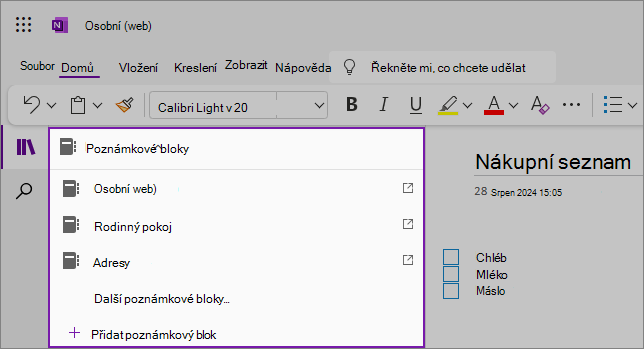 Snímek obrazovky s rozevíracím seznamem příkladů poznámkových bloků OneNotu