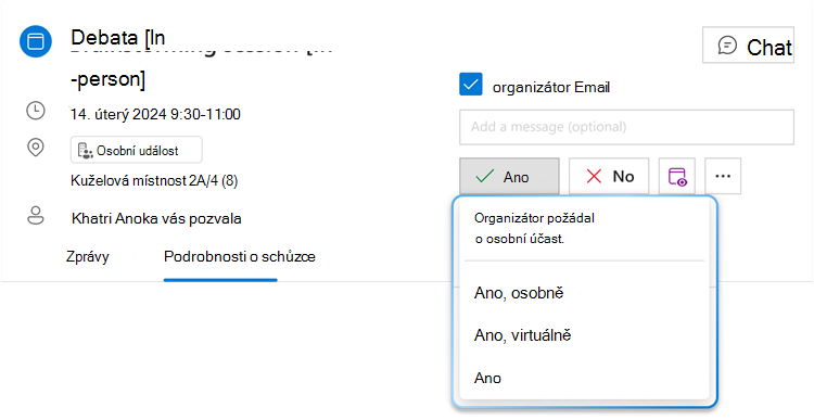 Obrázek znázorňuje tlačítko hybridní nabídky RSVP pro Ano s rozbaleným rozevíracím seznamem, kde můžete vidět tři různé možnosti: Ano, osobně, Ano, virtuálně a Ano.